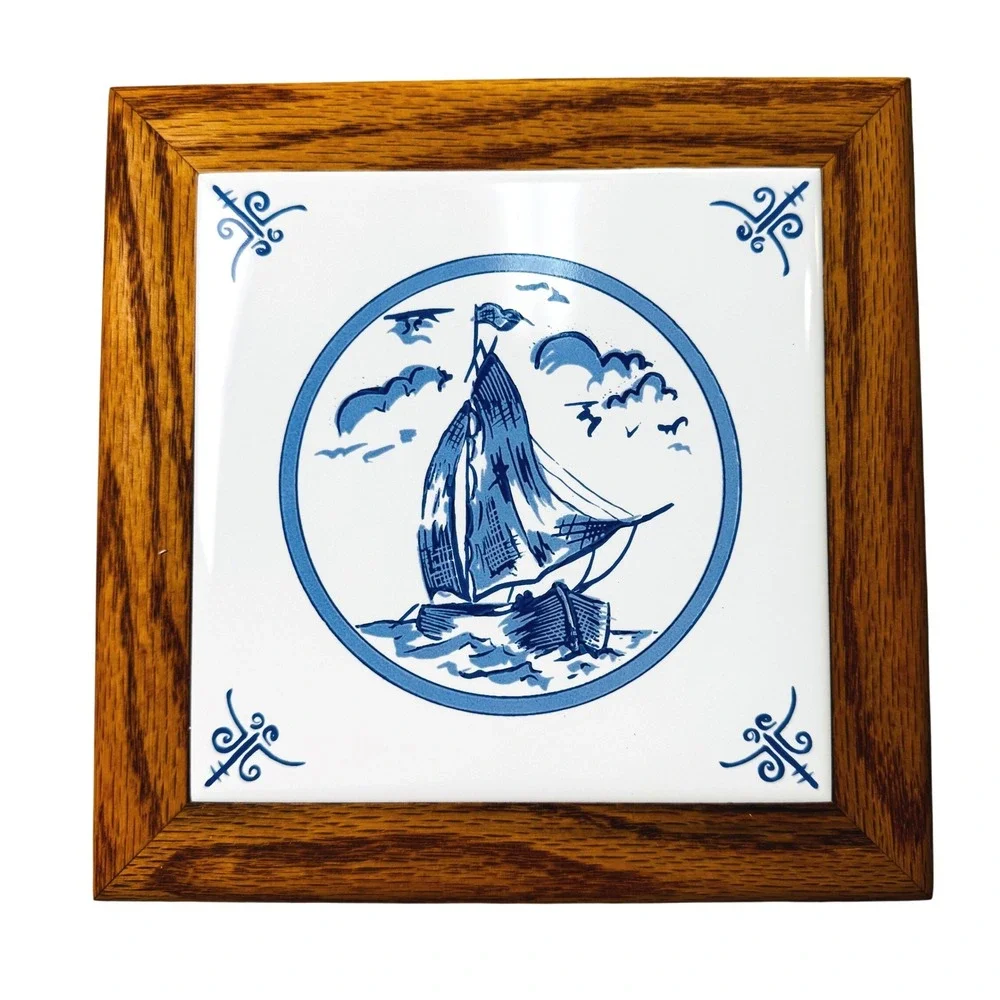 1994 Cape NC Sailboat Ceramic Tile Trivet Oak Frame Nautical Quality Delft Blue